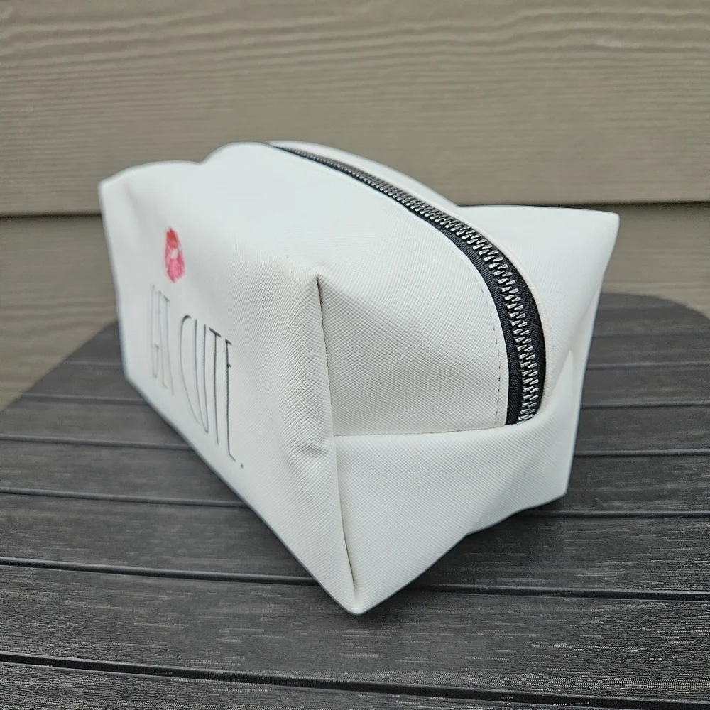 NEW! Rae Dunn “GET CUTE” Cosmetics Makeup Case Bag Pouch White Red Kiss Lips